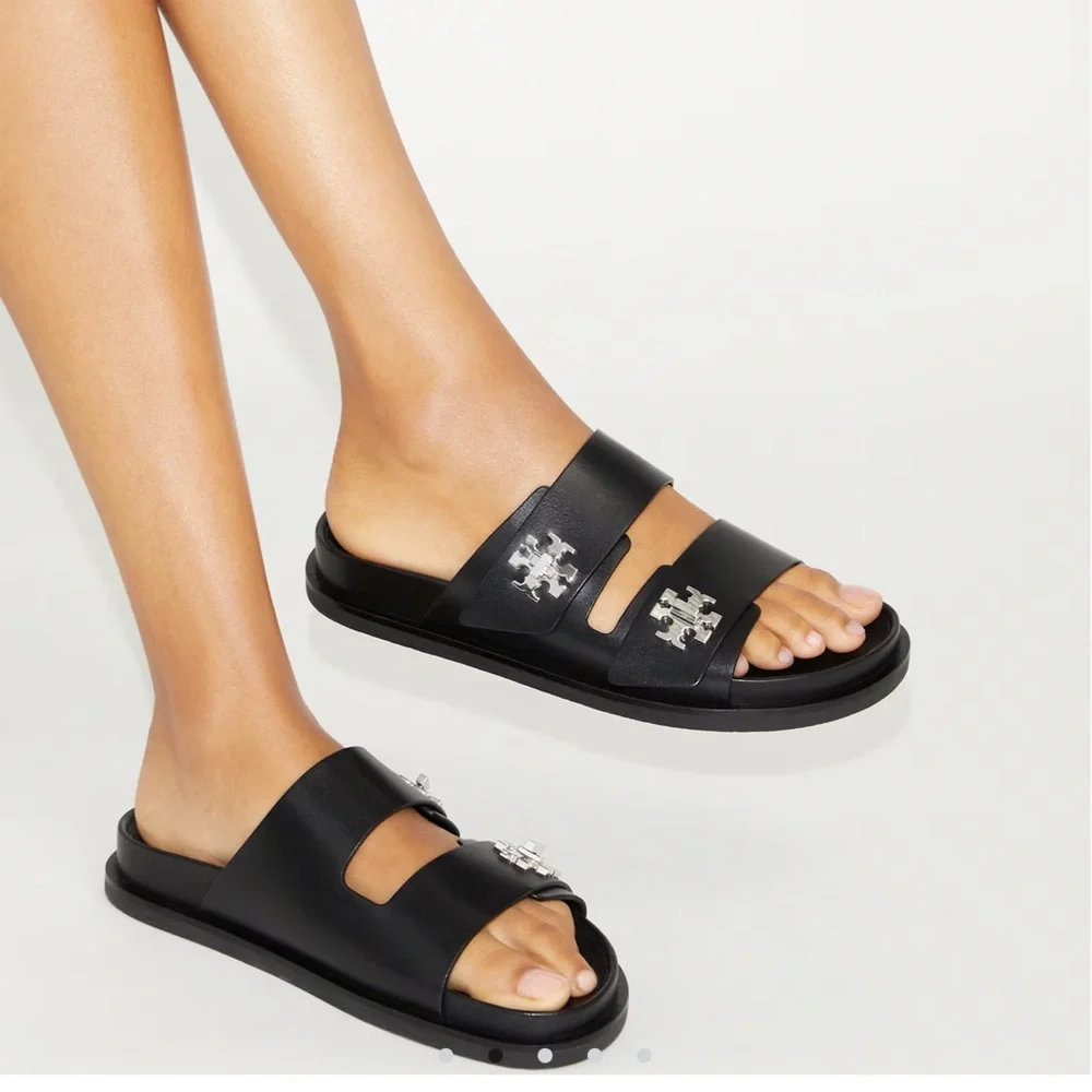 Tory Burch Black Turnlock Sport Slides with Silver Accents